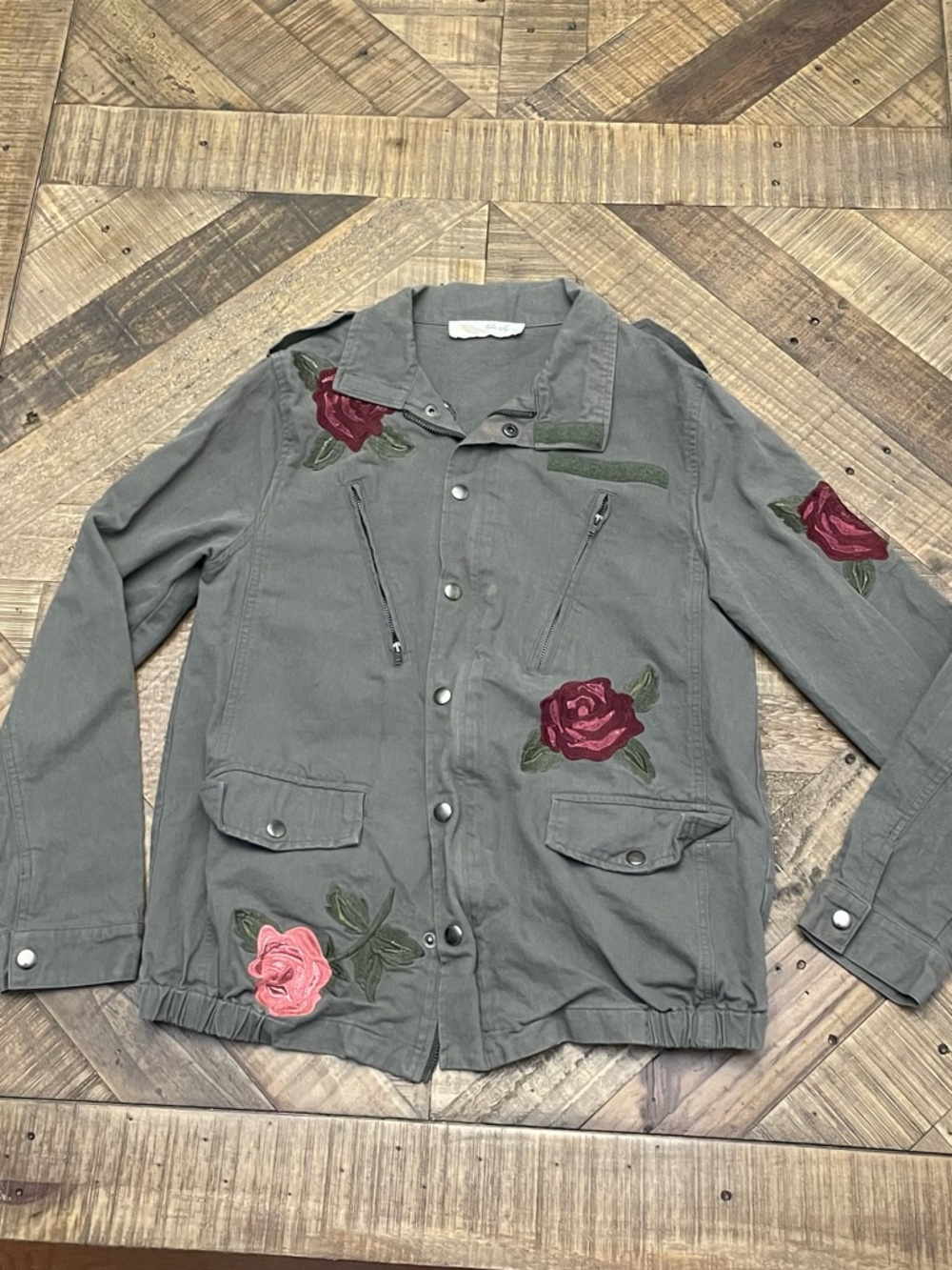 Vintage Lela Sky Embroidered Rose Utility Jacket Size Small